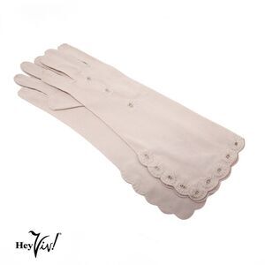 Vintage Japan Handsewn Embroidered Gloves Antique Ivory Elbow Length 7 - Hey Viv